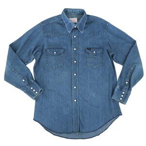 vtg WRANGLER Western denim shirt sz L 16.5 x 35 snaps Workwear Made in USA